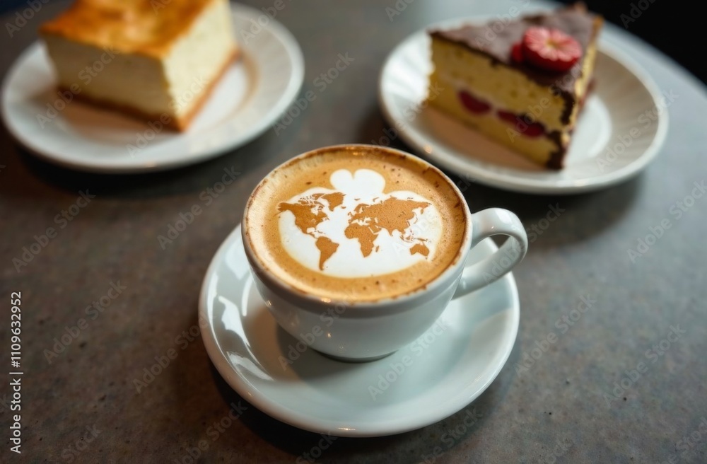 World map made of cinnamon on cappuccino foam. Cup of coffee, dessert, boarding passes. Travel concept. Cappuccino at the airport World map made of cinnamon on cappuccino foam. Cup of coffee, dessert, boarding passes. Travel concept. Cappuccino at the airport