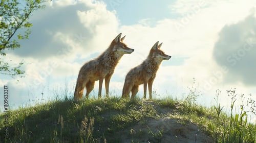 A pair of coyotes standing on a grassy hill, their keen eyes scanning the horizon, embodying the spirit of the untamed wilderness