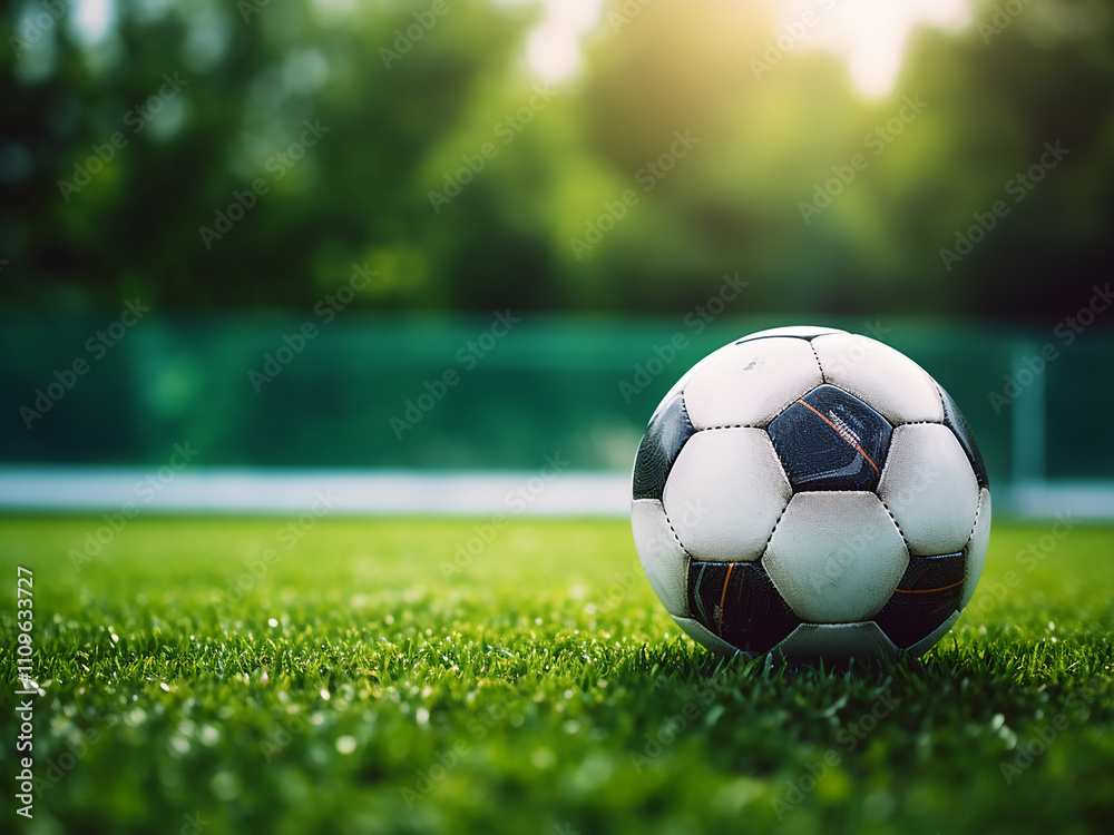 Obraz premium Soccer ball on green grass illuminated by sunlight with soft shadows