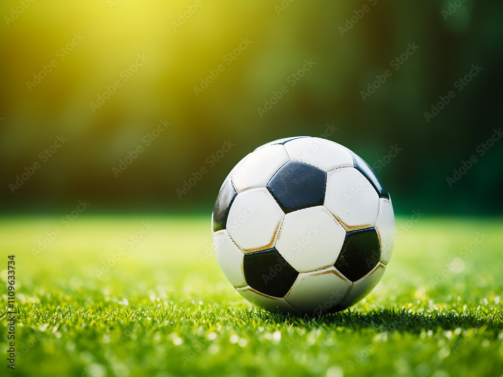 Soccer ball on green football field with ample copy space around it Soccer ball on green football field with ample copy space around it