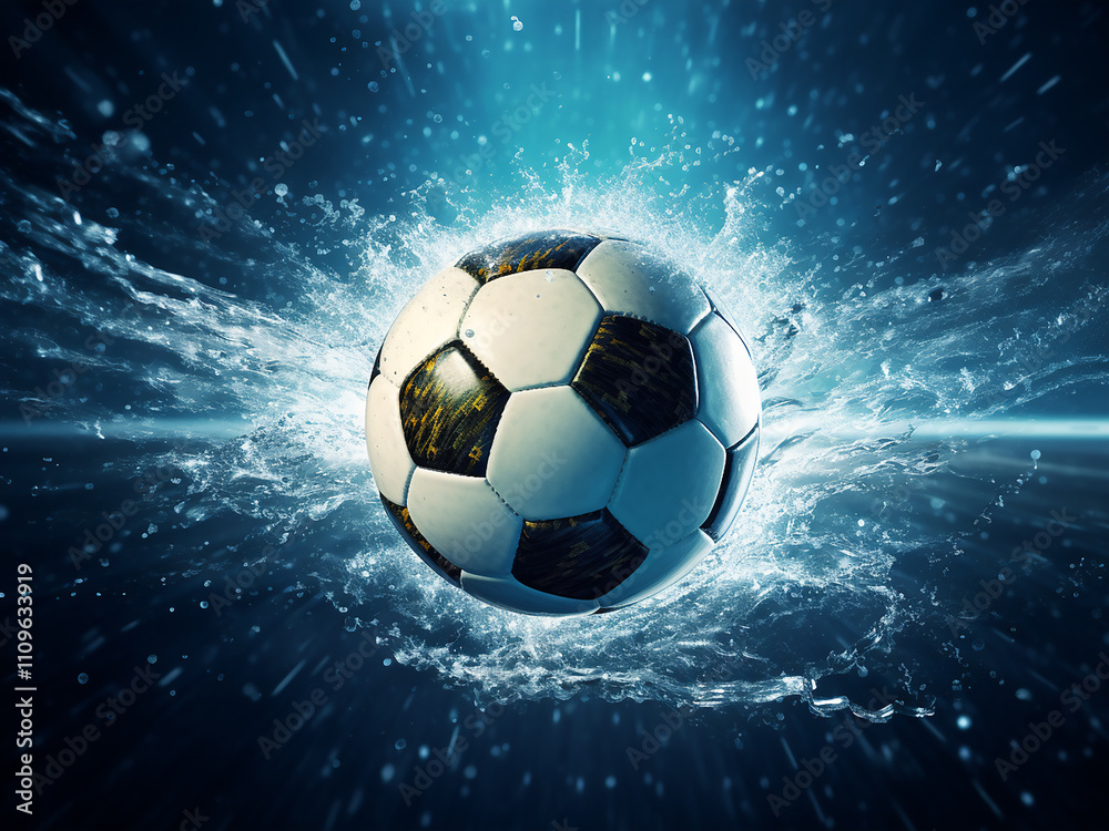 Naklejka premium 3D illustration of a soccer ball flying through water drops with light rays