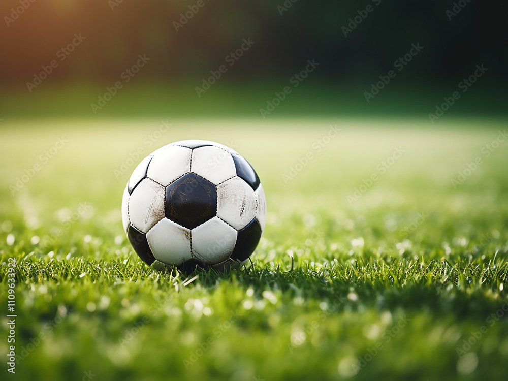 Soccer ball on the green grass field positioned for the game Soccer ball on the green grass field positioned for the game