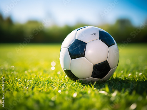 Soccer ball resting on the grass field ready for action
