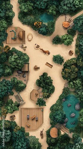 Colorful illustration aerial view of tiny open zoo with playful animals and lush habitats
