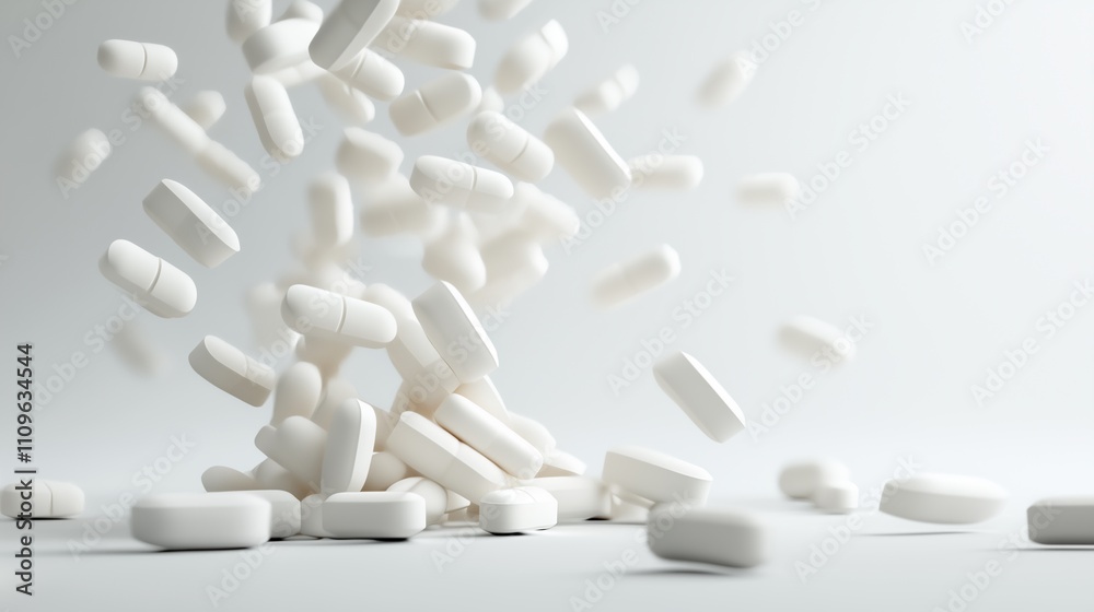 A dynamic scene of white pills falling against a light background, showcasing the pharmaceutical industry and health-related themes. A dynamic scene of white pills falling against a light background, showcasing the pharmaceutical industry and health-related themes.