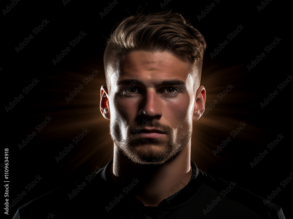 Fototapeta premium Professional football player posed with strobe lighting isolated on black background