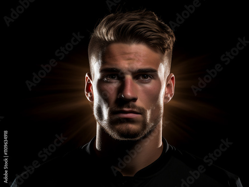 Professional football player posed with strobe lighting isolated on black background