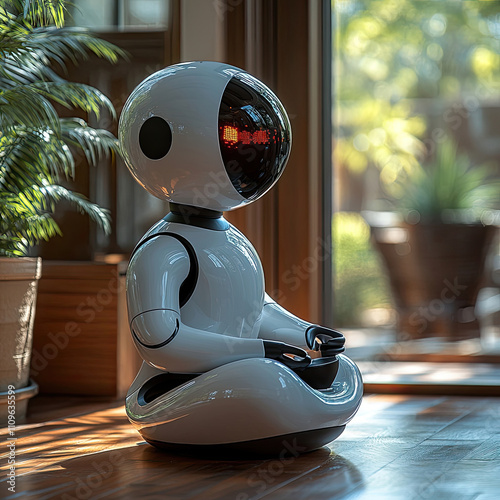Woman Reading Tablet Next to Robot Companion