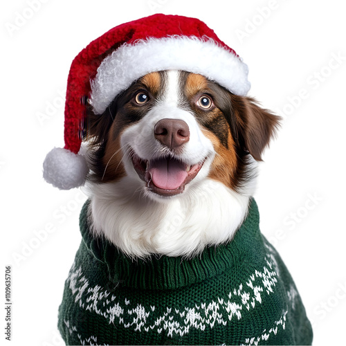 dog wearing santa claus hat isolated on white background photo