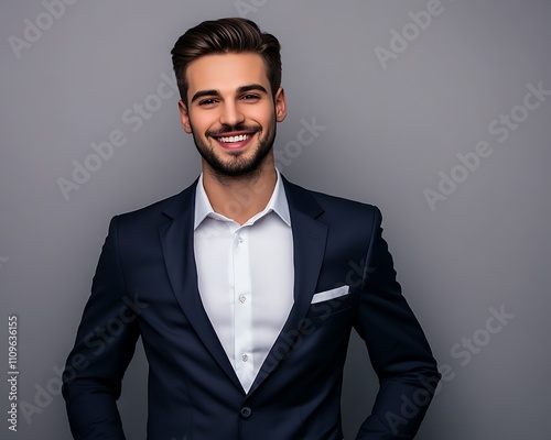 Smiling businessman in formal wear, isolated on a grey background, ideal for text placement. 32k, full ultra hd, high resolution photo