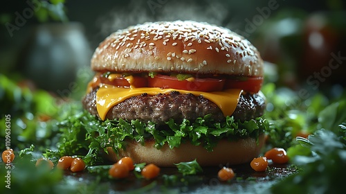 Irresistible cheeseburger stacked with juicy meat and fresh topping details picture photo