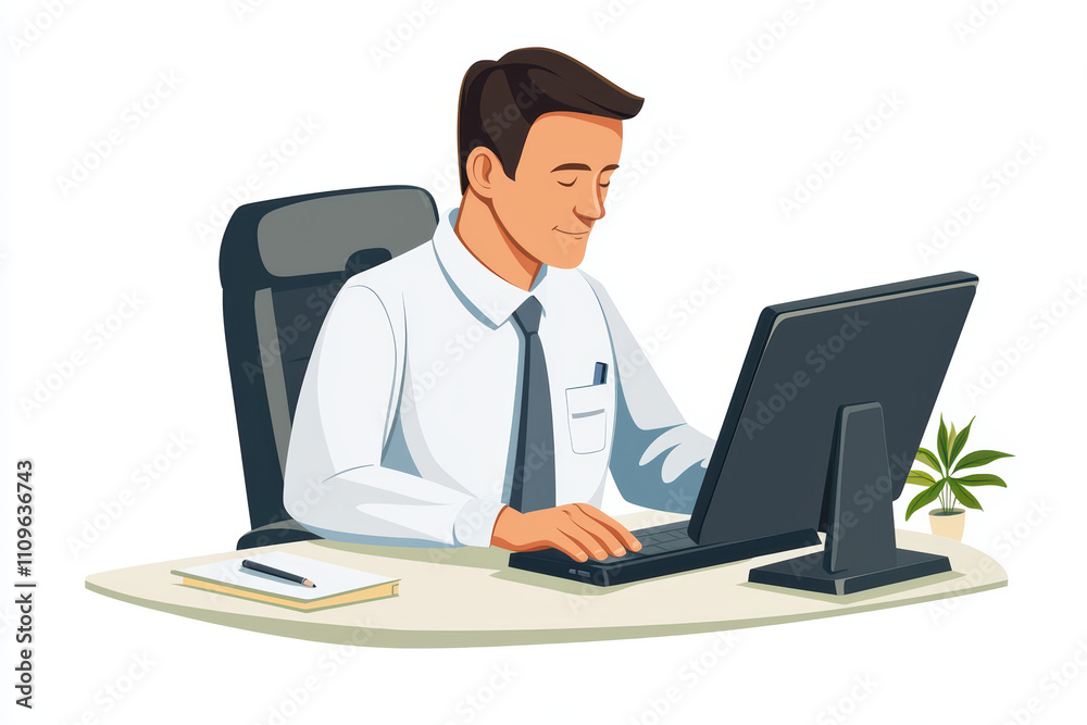 professional man working diligently at his desk in office environment, focused on his computer. scene conveys productivity and concentration professional man working diligently at his desk in office environment, focused on his computer. scene conveys productivity and concentration