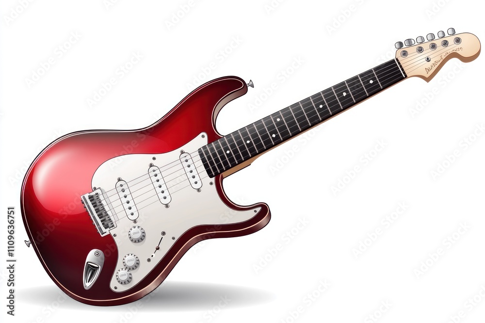 Obraz premium Red electric guitar, isolated on white background, angled view showing detail of body, neck, and pickups.