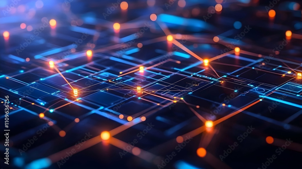A glowing network of blue and orange lines, showcasing interconnected nodes and data transmission. A glowing network of blue and orange lines, showcasing interconnected nodes and data transmission.