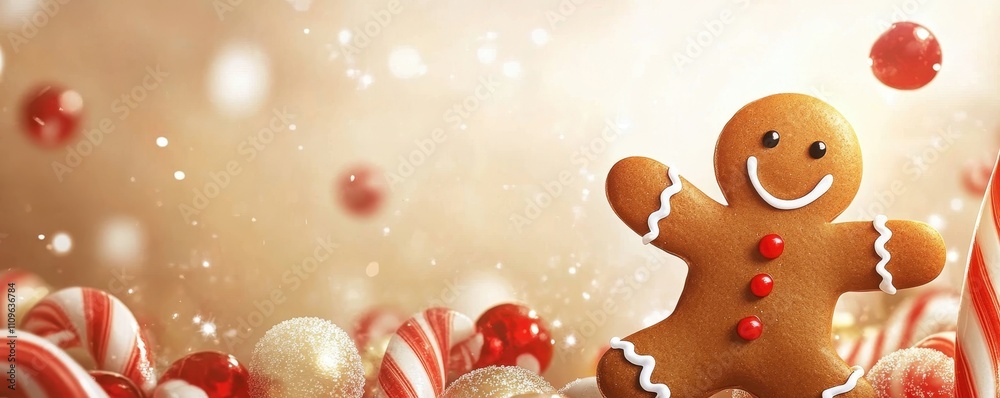 Naklejka premium A cheerful gingerbread cookie stands amidst festive candies, embodying the warmth and joy of the holiday season.