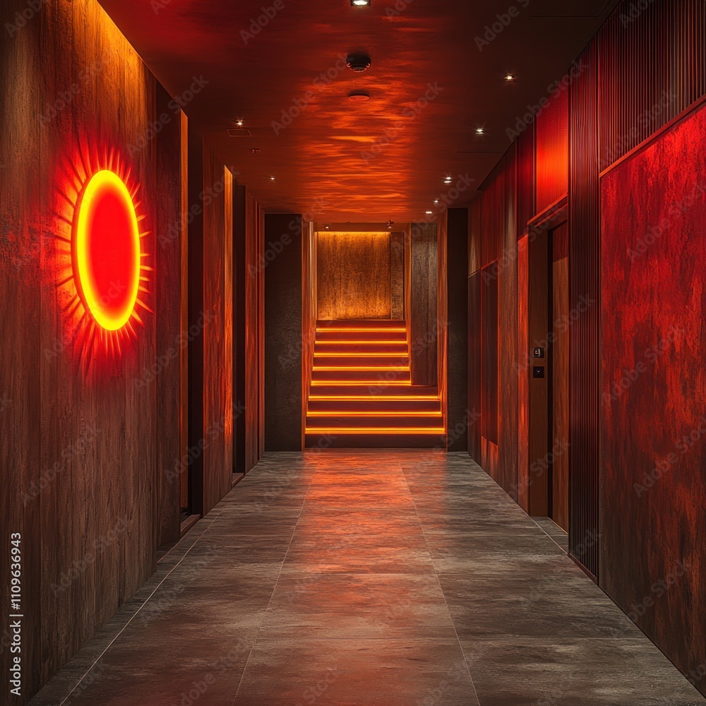 Fototapeta premium Here's a description and keywords for your image.. Red-lit hallway with illuminated stairs and circular wall art.