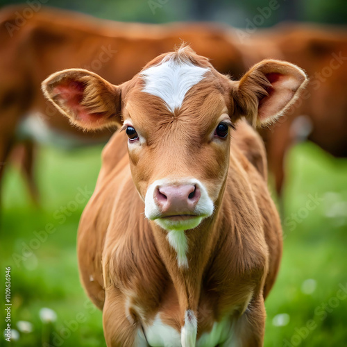 a brown calf with a white spot on its face is stan