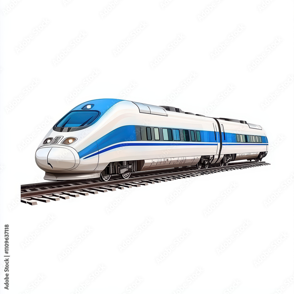 Sleek high speed train on tracks, showcasing modern design and technology. Ideal for transportation and travel themes