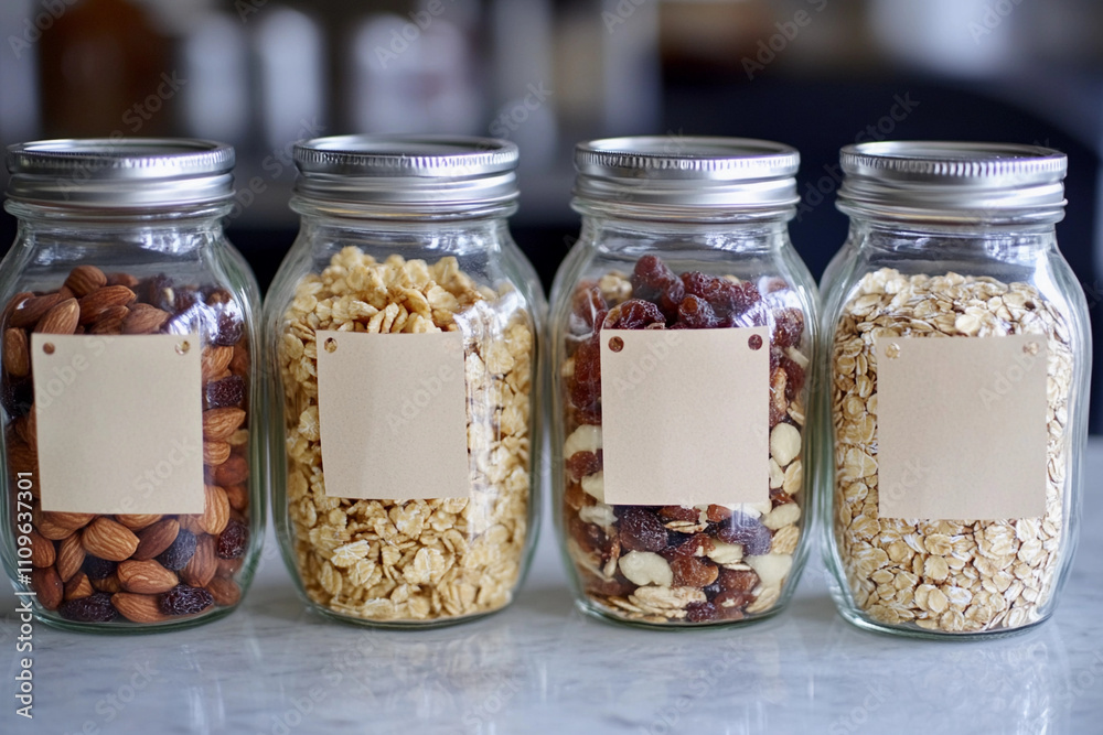 Storage jars filled with various healthy snacks displayed on a kitchen countertop Storage jars filled with various healthy snacks displayed on a kitchen countertop