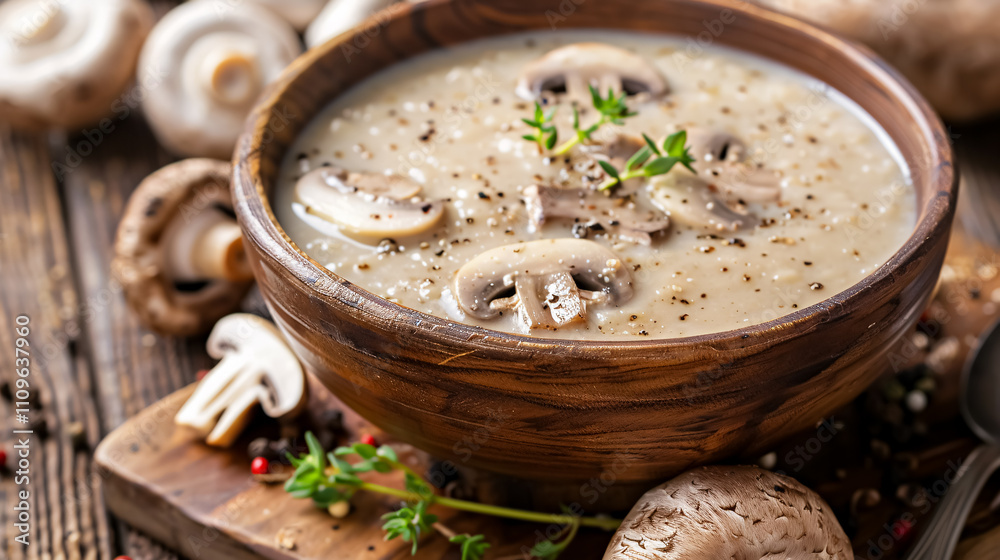 Mushroom cream soup on a wooden background, close-up. Mushroom cream soup on a wooden background, close-up.