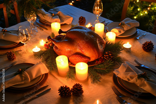 Festive dinner table with a roasted turkey centerpiece surrounded by candles and pine decorations during a cozy evening