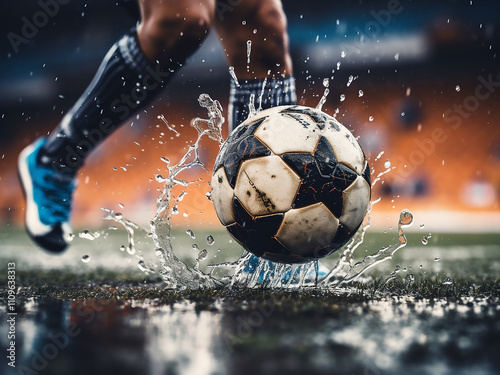 Closeup of a player s feet kicking the ball with precision in a competitive football match photo