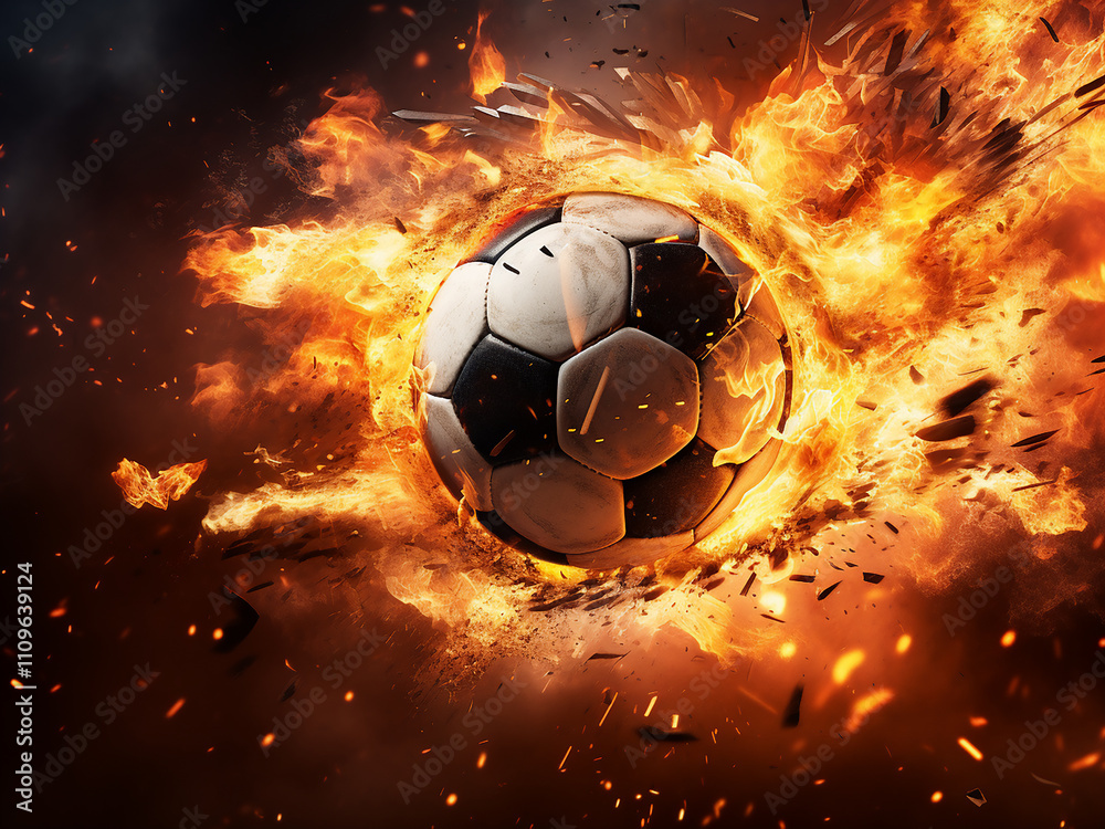 Fototapeta premium Soccer balls exploding with fiery sparks during intense action