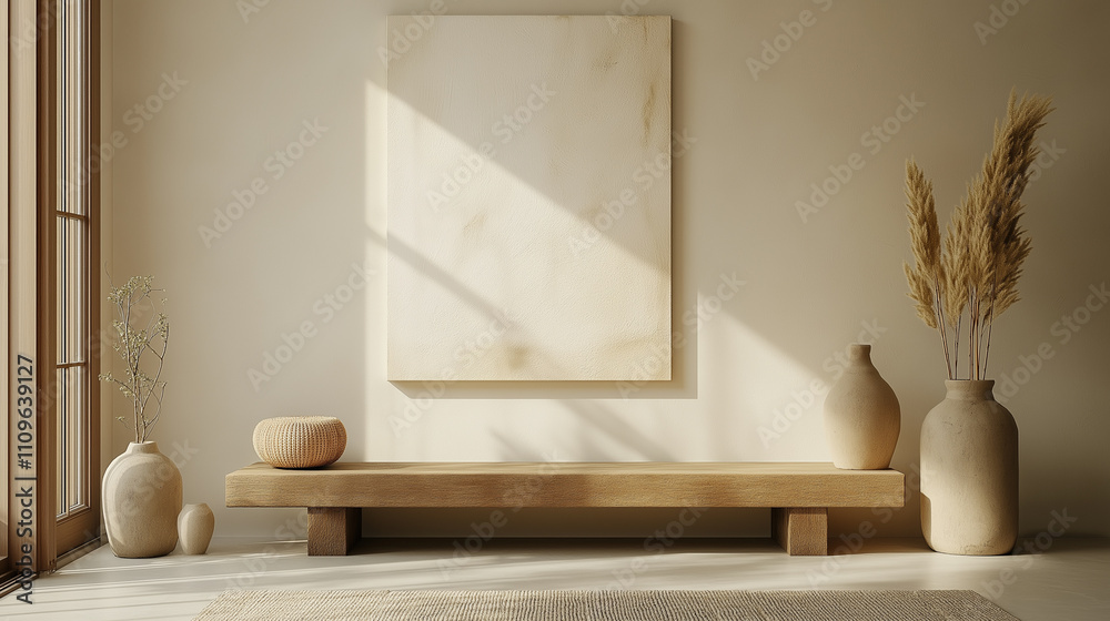 A minimalistic interior featuring a low textured wooden console, decorative vases, and a large blank canvas on a light wall A minimalistic interior featuring a low textured wooden console, decorative vases, and a large blank canvas on a light wall