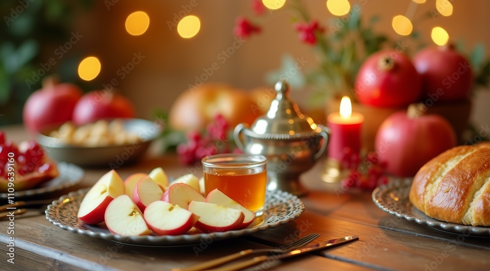 Naklejka premium Festive table with apples, honey, and candles for a cozy holiday celebration