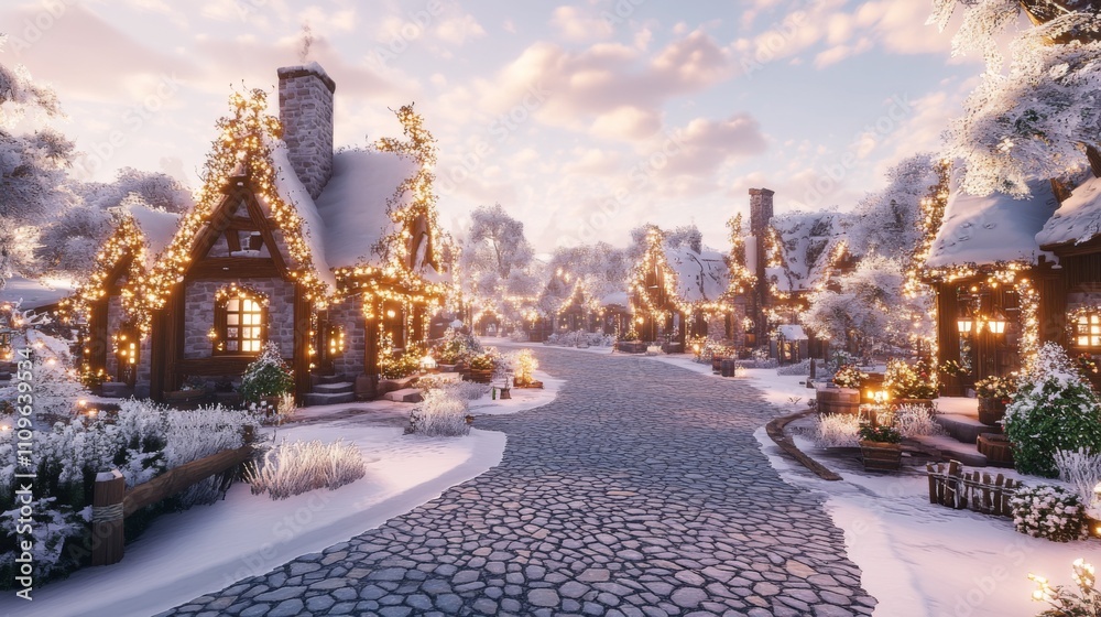 Naklejka premium A Snowy Village Street Adorned with Christmas Lights at Dusk