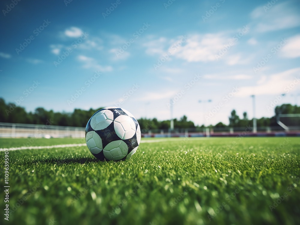 Obraz premium A football near the goal on a green grass sports field