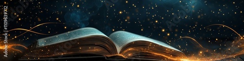 An open book with glowing pages, surrounded by swirling golden sparkles against a dark, starry background.