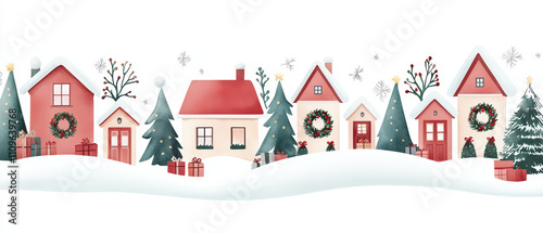 Charming winter village with snow, festive houses, and decorations. scene features colorful homes adorned with wreaths, trees, and gifts, creating joyful holiday atmosphere