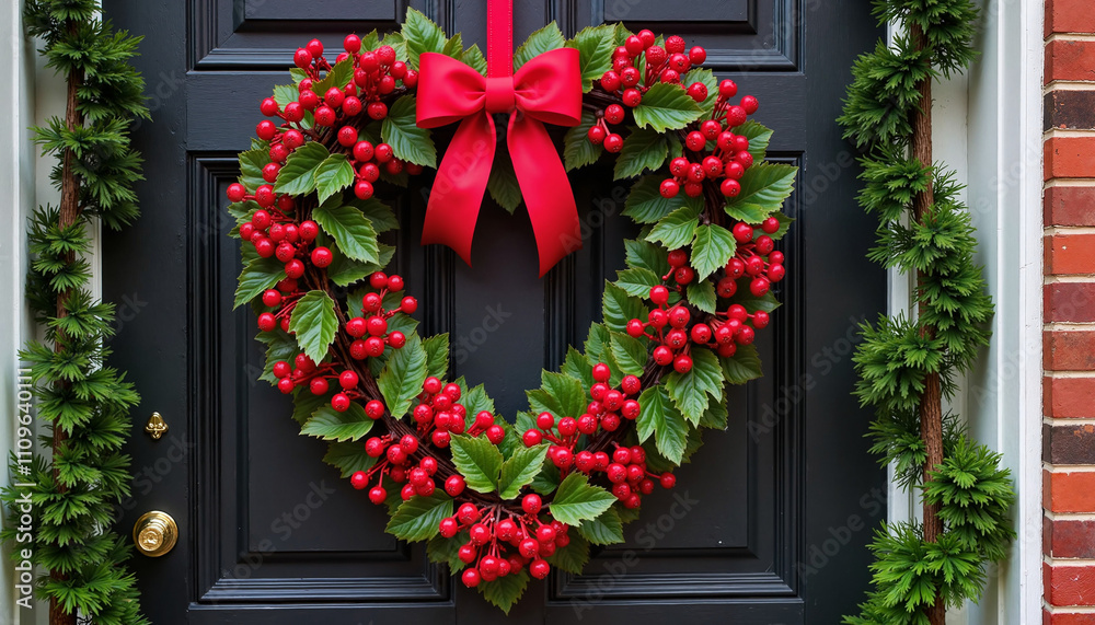 Festive heart-shaped wreath adorned with red berries and ribbon, holiday decor Festive heart-shaped wreath adorned with red berries and ribbon, holiday decor