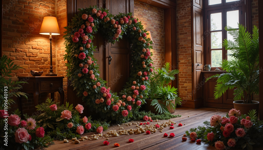 Naklejka premium Elegant heart-shaped floral wreath with roses, romantic interior decoration