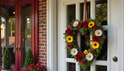 Colorful heart-shaped floral wreath with roses and daisies, cheerful front door decor