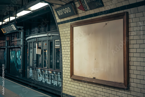 Blank board mock up old bus station photo