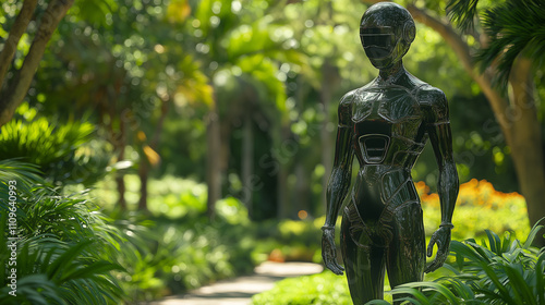 A futuristic android statue stands amidst lush greenery in a serene garden setting photo