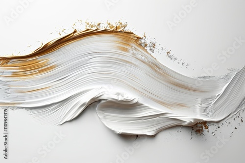 Abstract brush strokes of white and gold create a textured artistic design.