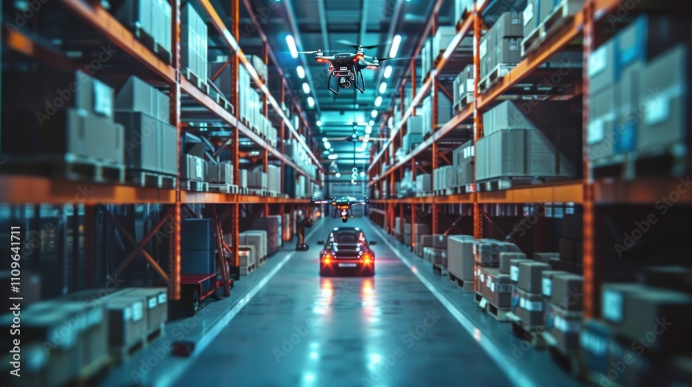 Drone surveys warehouse inventory; car drives through aisles. Drone surveys warehouse inventory; car drives through aisles.