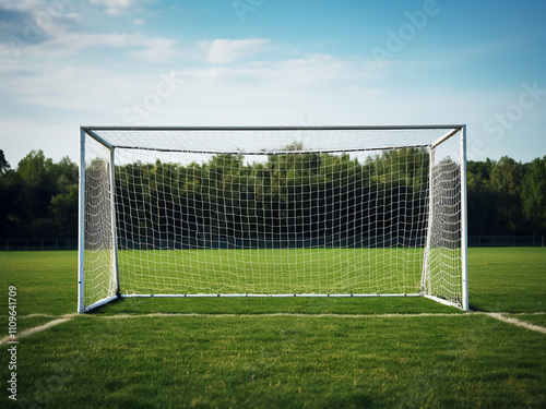 Side view of football goals on a soccer field in the countryside