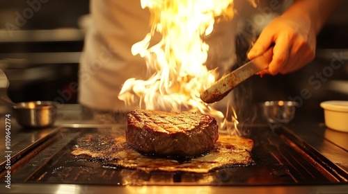 A chef sears a steak, creating flames and smoke in a kitchen setting. photo