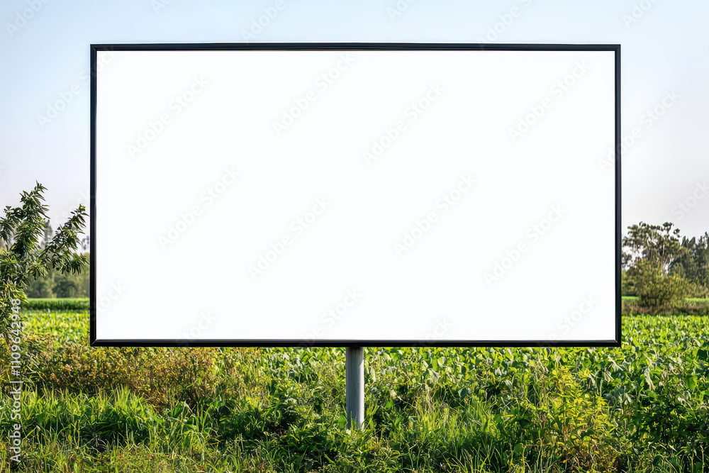 Empty billboard in green field ready for advertisement, surrounded by lush vegetation and clear skies, offering perfect space for promotional content Empty billboard in green field ready for advertisement, surrounded by lush vegetation and clear skies, offering perfect space for promotional content