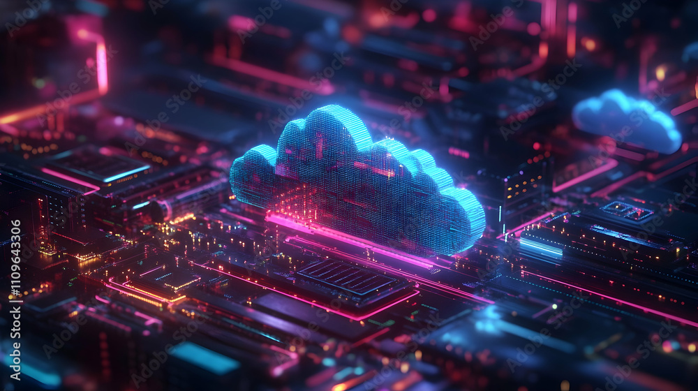 A glowing blue and pink cloud hovering above a digital circuit board, showcasing futuristic technology. A glowing blue and pink cloud hovering above a digital circuit board, showcasing futuristic technology.