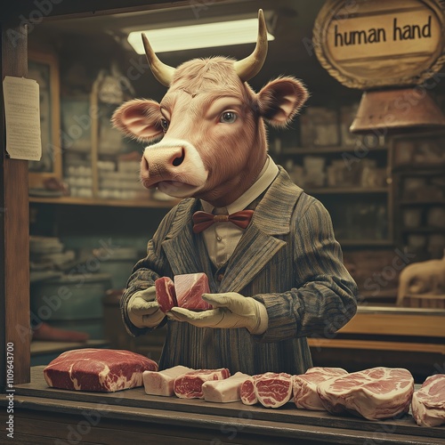 Anthropomorphic cow in vintage suit standing behind a butcher's counter examining raw meat in a surreal and ironic scene