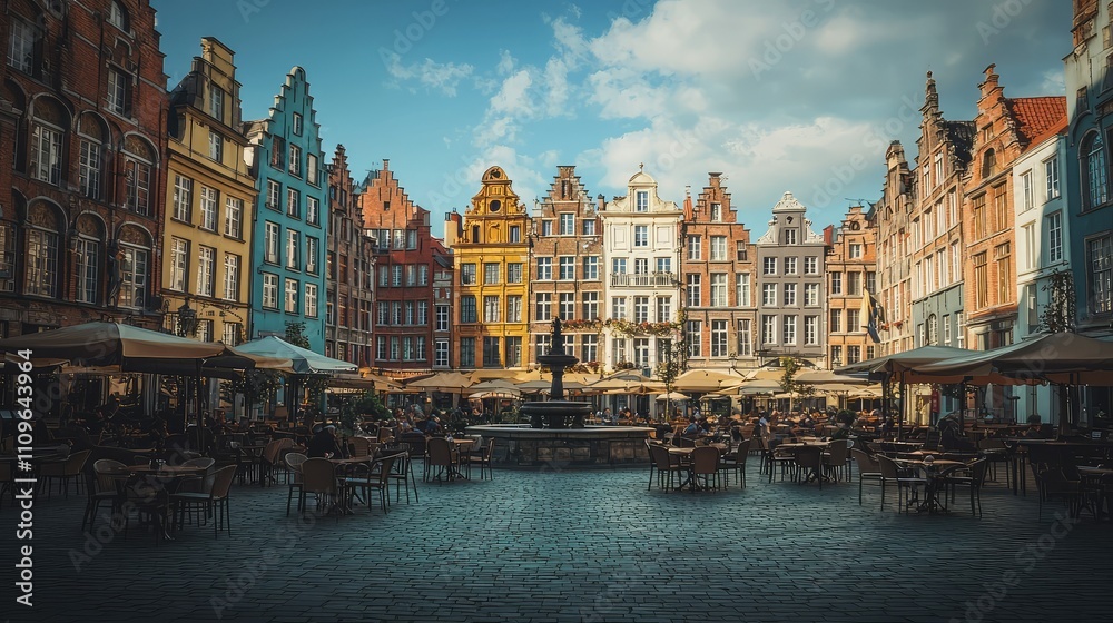 Fototapeta premium Vibrant Historic Architecture of Gdansk's Main Town Square Featuring Colorful Facades, Outdoor Dining, and Inviting Atmosphere Under a Beautiful Sky