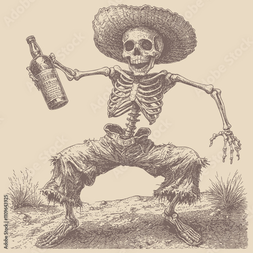 Skeleton wearing a sombrero dancing with a tequila bottle, engraving style, vector illustration.