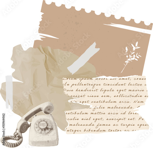 Vintage style collage with an old telephone in a halftone effect, with torn and crumpled paper. Elements for scrapbook, decoupage in the shabby chic style. Vector illustration