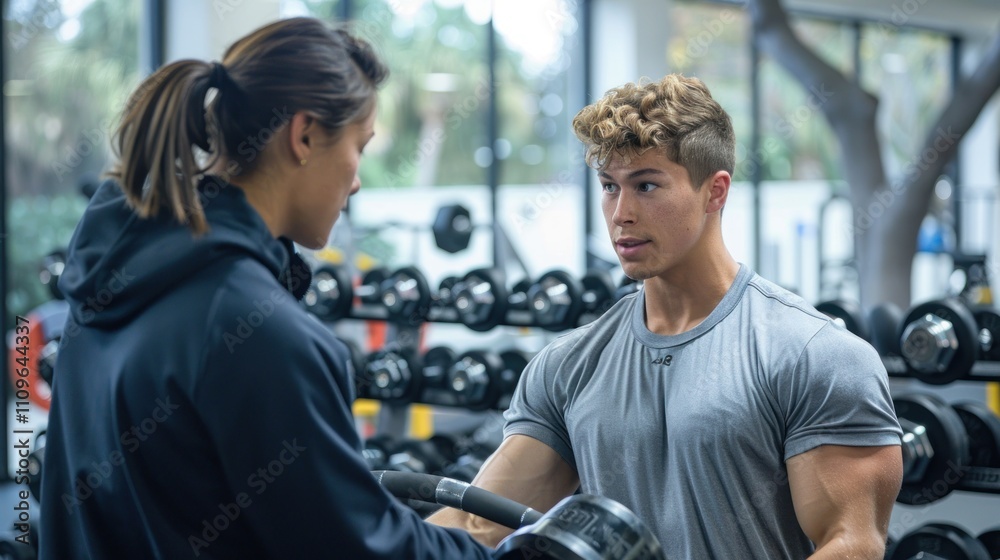 Muscular man consulting with female trainer at gym. Muscular man consulting with female trainer at gym.