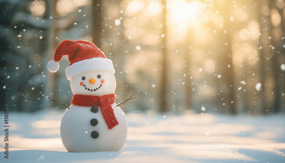 Fototapeta premium Snowman with winter snow and snowflakes blurred background Jan month copy space snow man 